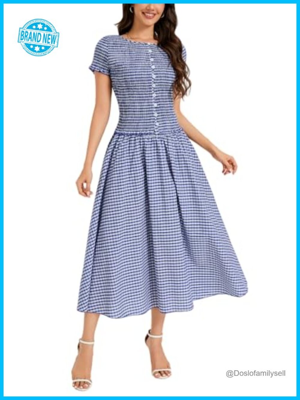 Womens 2 Piece Gingham Skirt Set 100% Cotton Square Neck Button Down